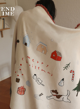 花时间生活原创圣诞节日礼物毯挂毯针织毯子盖毯装饰卡通小狗单人