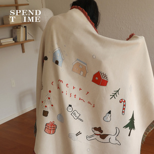 花时间生活原创圣诞节日礼物毯挂毯针织毯子盖毯装 饰卡通小狗单人