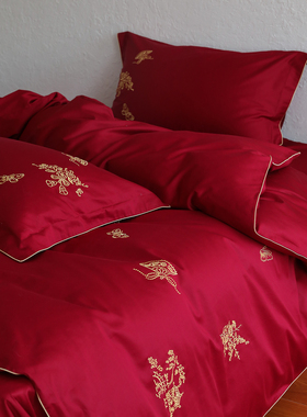 花时间生活金线刺绣结婚四件套婚庆纯棉喜被床单红色床上四件套