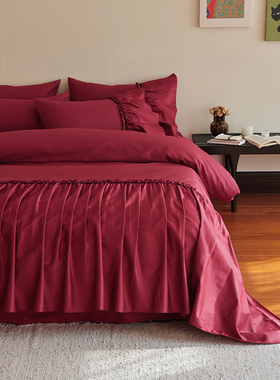 花时间生活轻奢花边婚庆床品50支双股纯棉被套床单红色结婚六件套