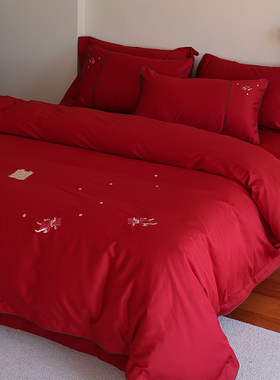 花时间生活中式婚庆刺绣新婚四件套红色床单被套亲肤纯棉喜庆床品