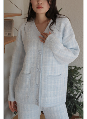 花时间生活睡衣加绒半边绒套装冬季新款蓝色保暖少女可外穿家居服