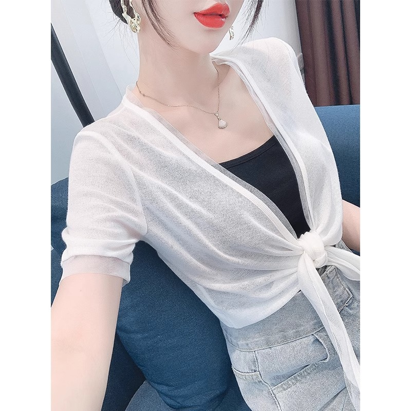 冰丝针织短袖女夏季披肩配吊带裙子外套外搭开衫女薄款防晒衫上衣