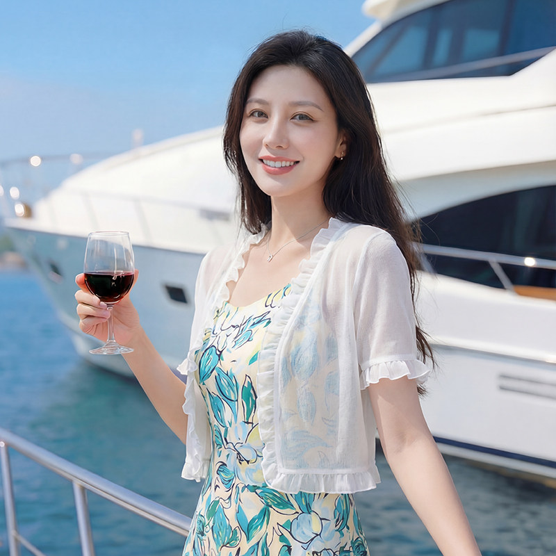 针织短袖女上衣夏季新款吊带外搭开衫薄款白色披肩罩衫小坎肩外套
