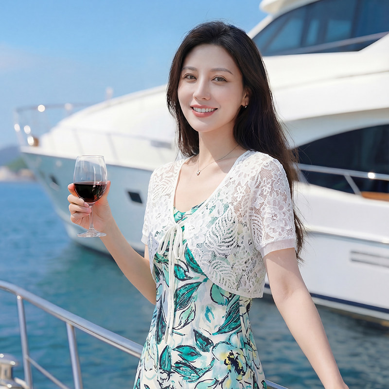 蕾丝短袖上衣女夏季2026新款披肩吊带外搭开衫薄款镂空小坎肩外套