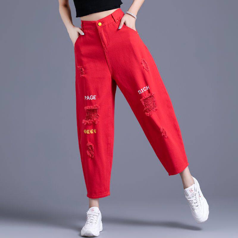 红色破洞高腰牛仔裤女夏季2025新款时尚宽松直筒九分哈伦裤休闲裤