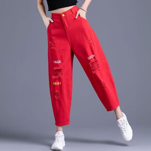 红色破洞高腰牛仔裤女夏季2026新款时尚宽松直筒九分哈伦裤休闲裤