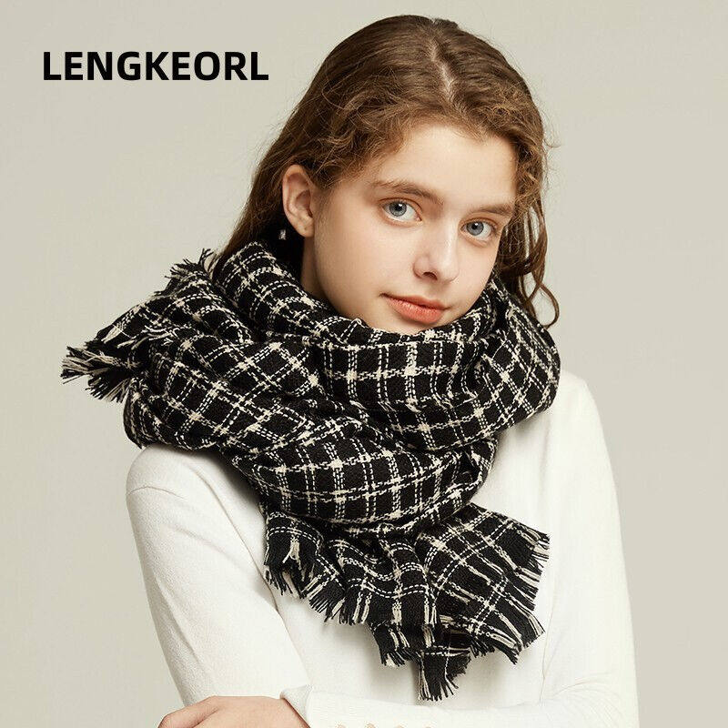 凌克羊毛围巾女秋冬英伦风格子格纹百搭简约保暖加厚围脖披肩两用