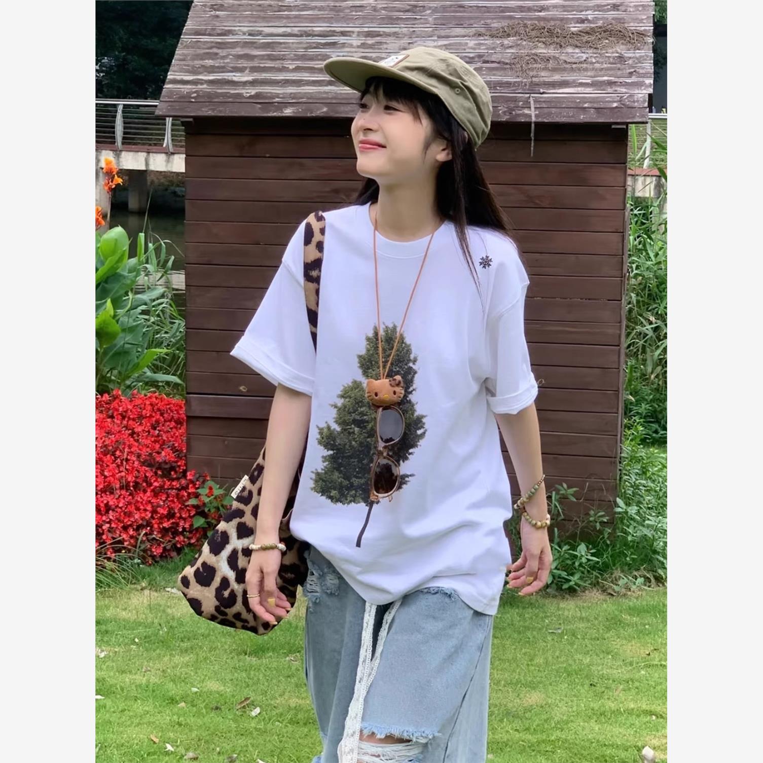一棵树印花纯棉短袖t恤男女2025新款夏季正肩白色宽松情侣装上衣