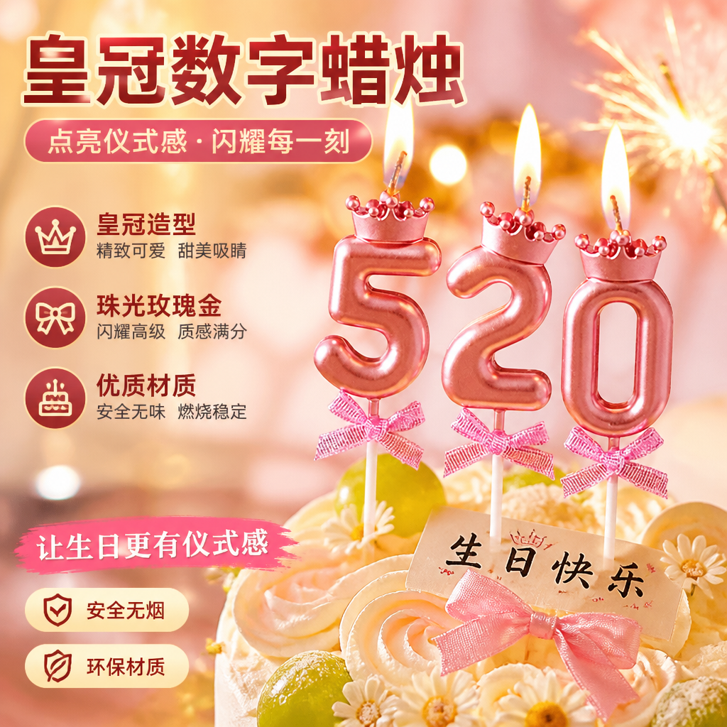 ins风金色皇冠数字蜡烛生日蛋糕装饰女孩宝宝1周岁18派对拍照道具