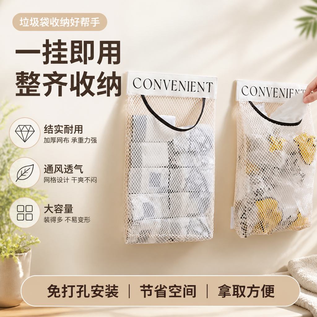 厨房挂式魔术贴垃圾袋收纳网兜