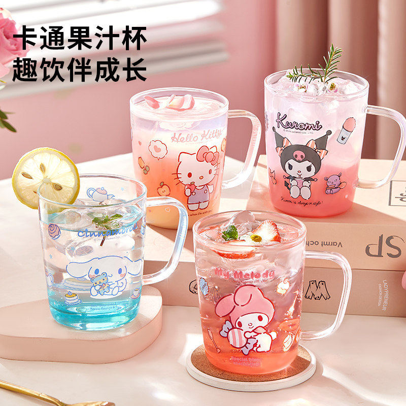 helloKitty玻璃杯带把手家用喝水杯子女生刻度牛奶杯果汁杯套装图片