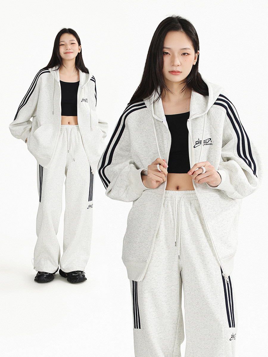 DESSUU 아메리칸 레트로 삼선 스트라이프 카디건 재킷 후드 플러스 벨벳 스웨트 여성 캐주얼 스포츠 정장 유행 가을 겨울