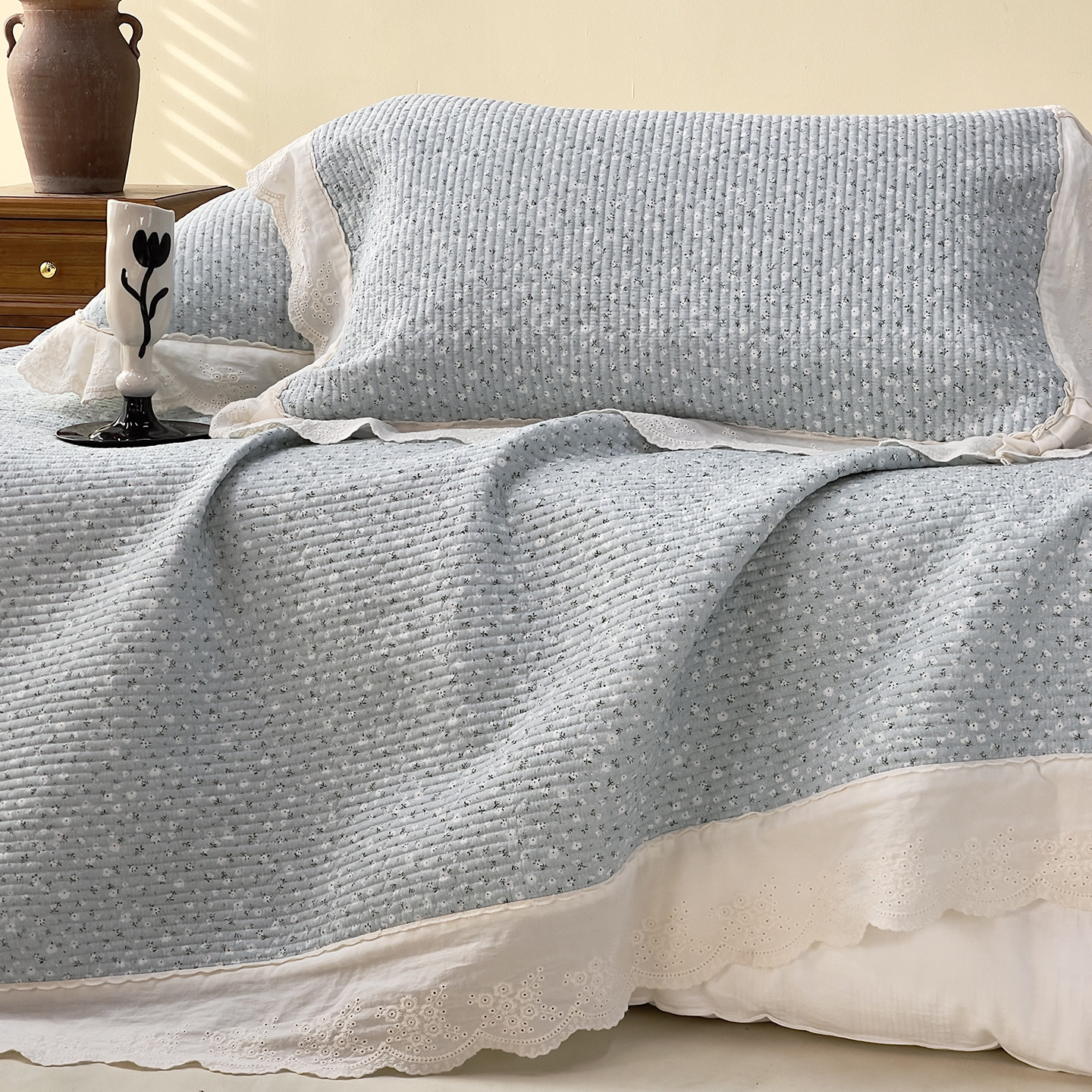 复古花边款纯棉床盖三件套碎花蕾丝边全棉加厚床单浅蓝色四季通用,床上用品,床盖,淘宝优惠券,粉丝福利购,淘宝优惠卷