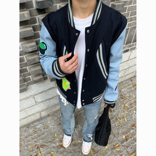 正确版荔枝纹黑木KiKo皮袖拼接蓝袖棒球服外套男春vibe羊毛呢夹克