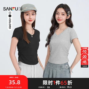 495645 三福短T恤2025夏季 褶皱设计V领修身 短款 上衣女装