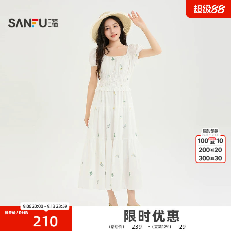 三福连衣裙2026夏季打揽满版碎花收腰方领裙子女装524154图片