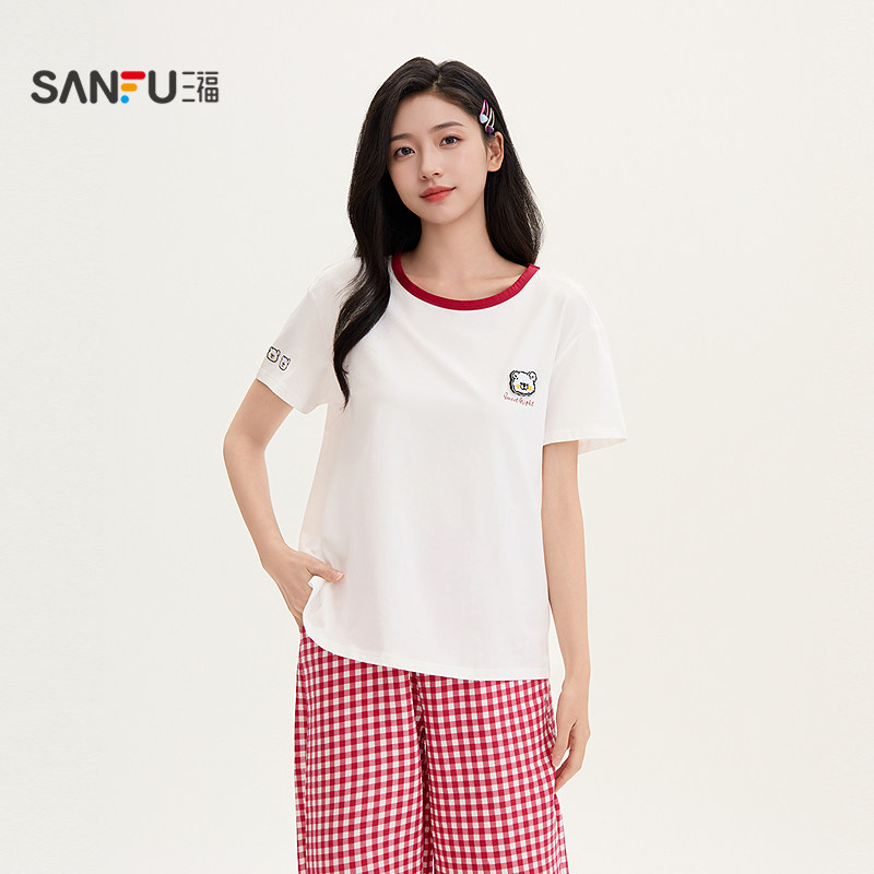 三福女夏季卡通魔术贴圆领睡衣套装 趣味短袖裤子家居服517851