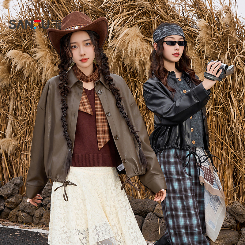 三福厚外套2025秋季翻领抽绳下摆宽松皮夹克上衣女装507135