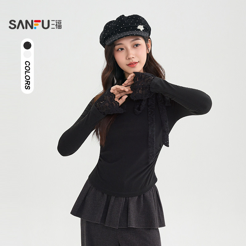 三福长T恤2025冬季蕾丝拼接绑带领褶皱收腰上衣女装515703