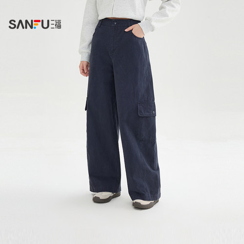 三福休闲裤2026春季侧边口袋宽松弯刀裤工装风长裤女装515919