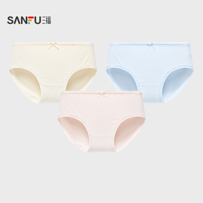 三福 女低腰包臀内裤 简约清新竖条提花蝴蝶结半平角裤女495849