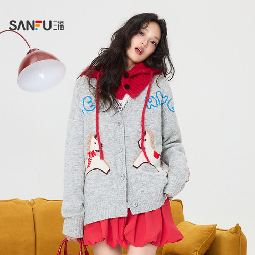 三福开衫2026春季可爱小马图案时尚毛织披肩上衣女装515700