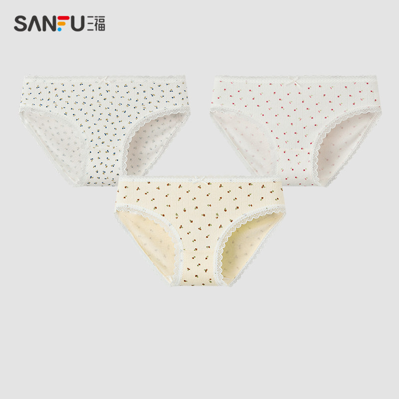 三福内裤女夏季新款低腰不夹臀内裤印花蕾丝边三角裤女486936