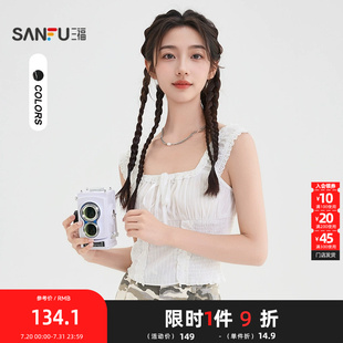 三福短衬衫 502305 2025夏季 蝴蝶结绑带蕾丝花边方领上衣女装