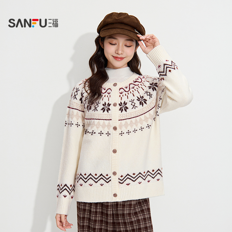 三福开衫毛衣2025冬季都市费尔岛花纹宽松毛织上衣女装850106
