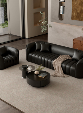 意式极简黑色直排沙发别墅客厅酒店美容院休闲区接待复古店铺网红