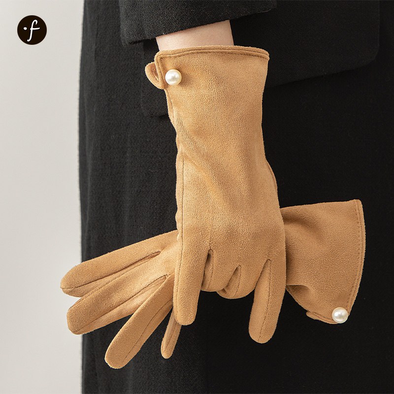 麂皮绒珍珠韩版手套女冬季骑行保暖防风防寒防水五指开车骑车触屏