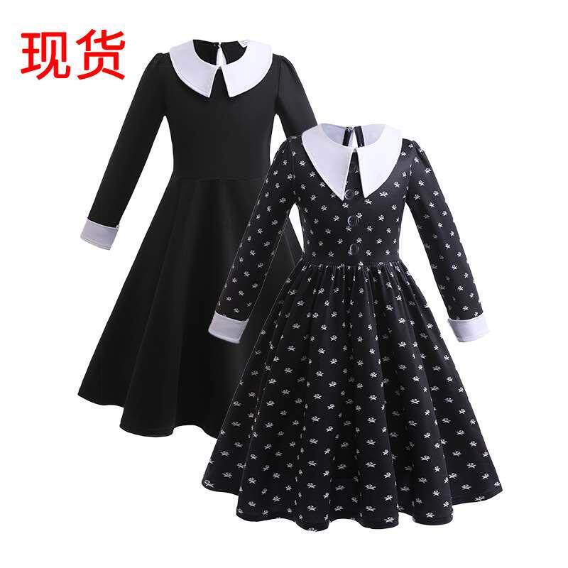 星期三亚当斯黑色连衣裙印花裙cosplay服装亚当斯一家cos服万圣节