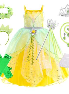 欧美跨境缇安娜公主裙 万圣节儿童小精灵蓬蓬公主裙tinker bell