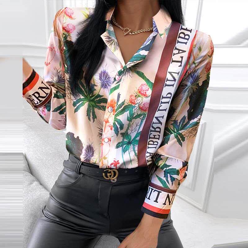 速卖通 ebay 现货外贸2022欧美女装时尚气质新款字母植物印花衬衣