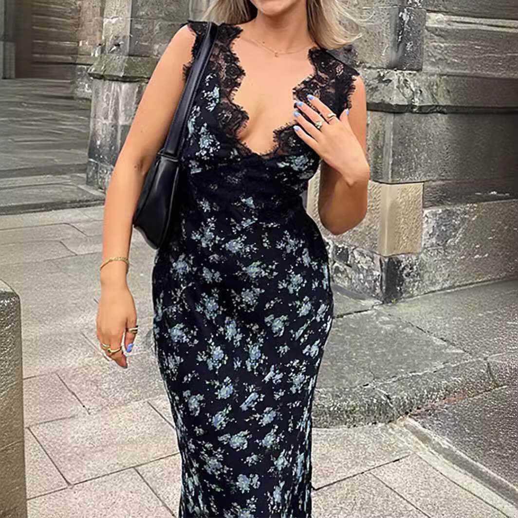 速卖通欧美女装V领无袖蕾丝碎花长裙气质印花系带性感露背连衣裙