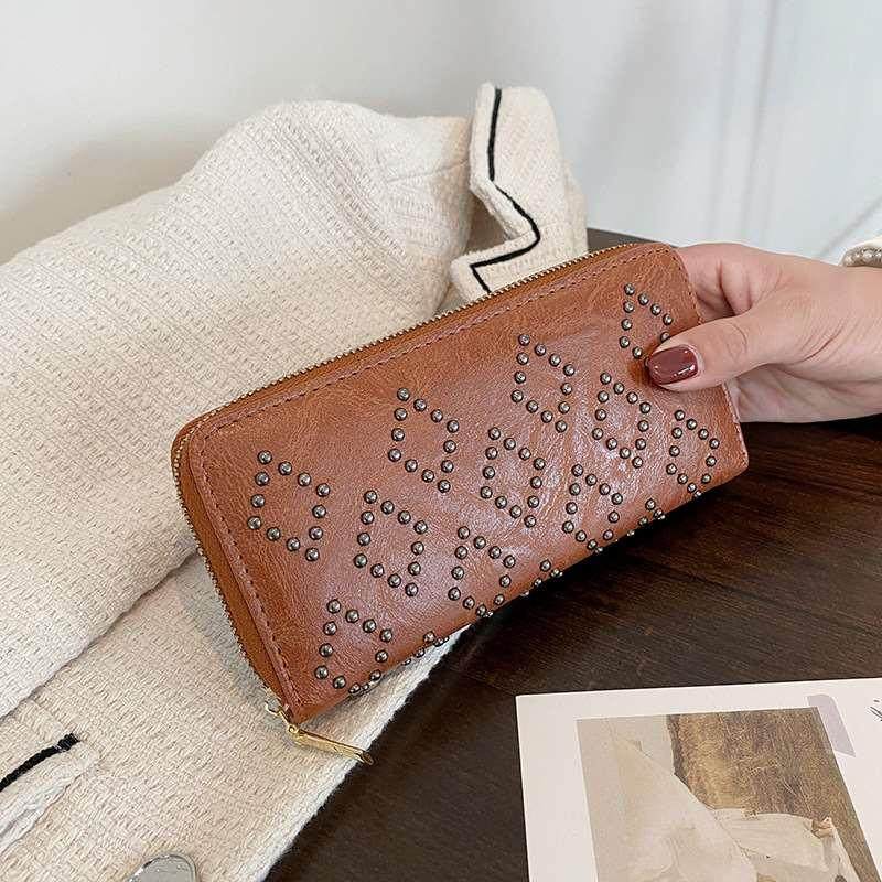 厂家新款大容量钱包长款女式大钞夹菱形铆钉零钱包