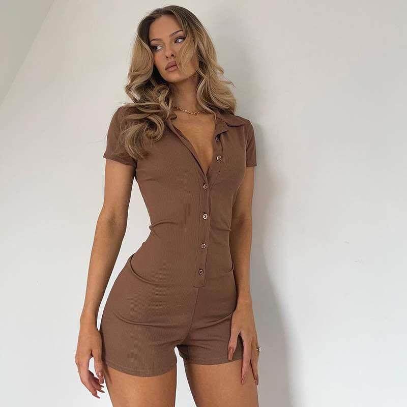 亚马逊跨境夏季新款欧美女装翻领短袖紧身运动性感纯色连体短裤,女装/女士精品,休闲裤,淘宝优惠券,粉丝福利购,淘宝优惠卷