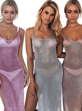 2020新款女装连衣裙沙滩防晒衣亚马逊沙滩罩衫针织v领露背长裙