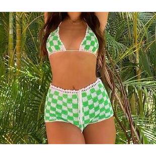 欧美女装亚马逊新款海边比基尼性感吊带针织系带背心度假短裤套装