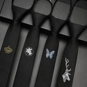 四叶草易拉得懒人高级感 女休闲时尚 黑色领带男拉链式 免打学院衬衫