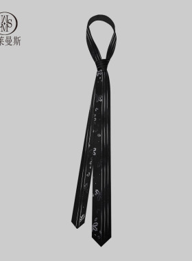 黑色领带衬衫女学院风男手打休闲时尚花朵线条拼接韩版细窄小众潮