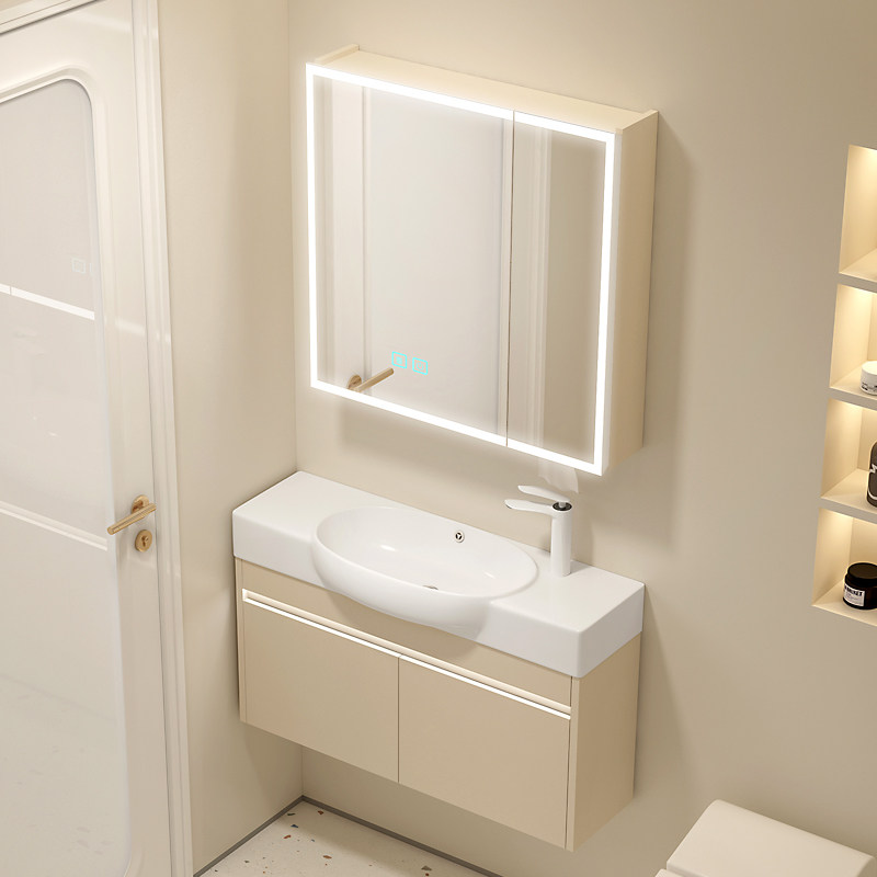 奶油风小户型多层实木浴室柜挂墙式卫生间浴室洗手盆柜组合洗漱盆