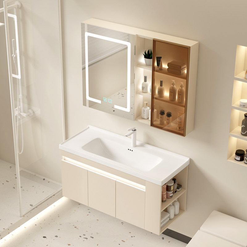 奶油风多层实木浴室柜挂墙式卫生间小户型浴室洗手盆柜组合洗漱盆