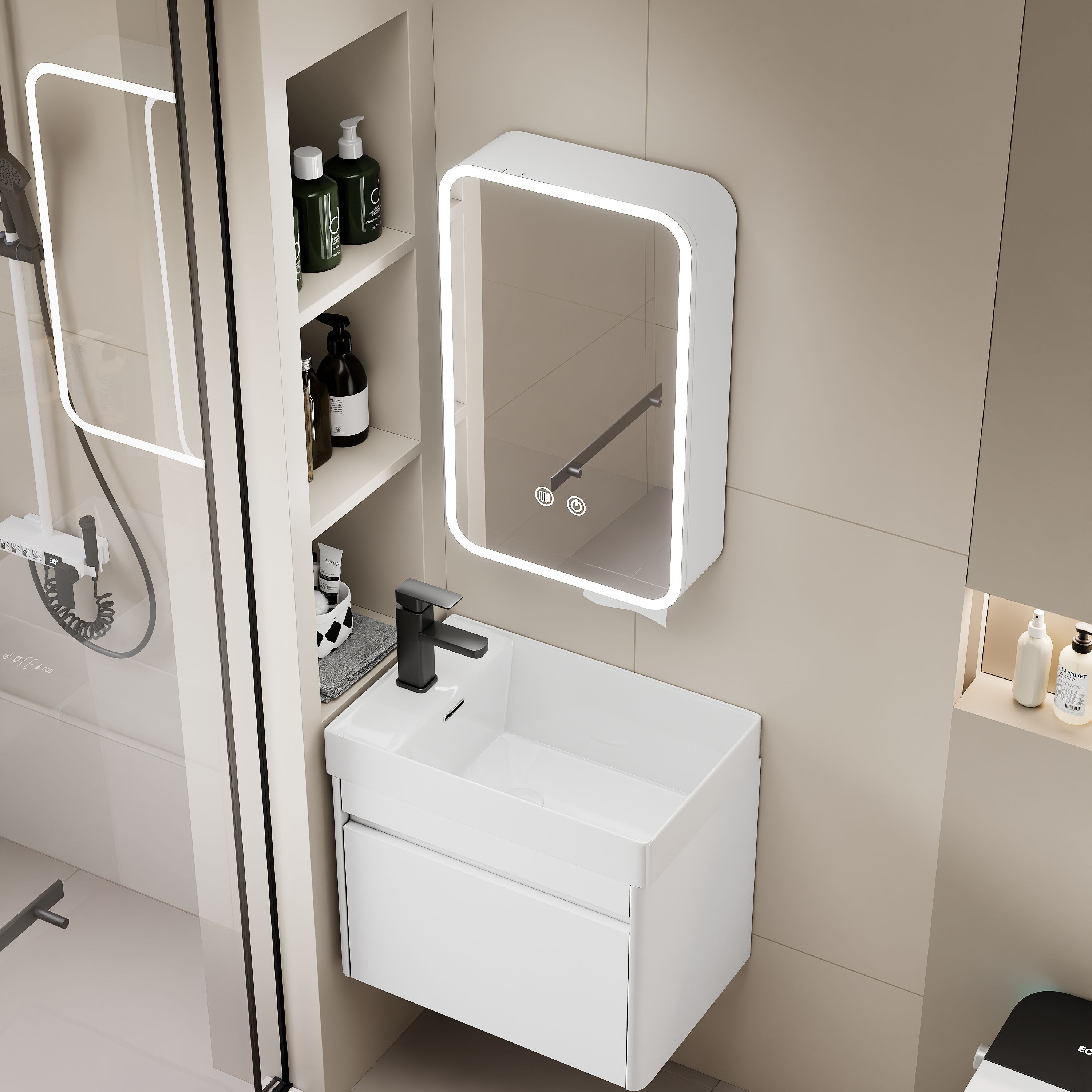 奶油风蜂窝铝小户型浴室柜组合挂墙式卫生间陶瓷一体洗手盆洗脸盆