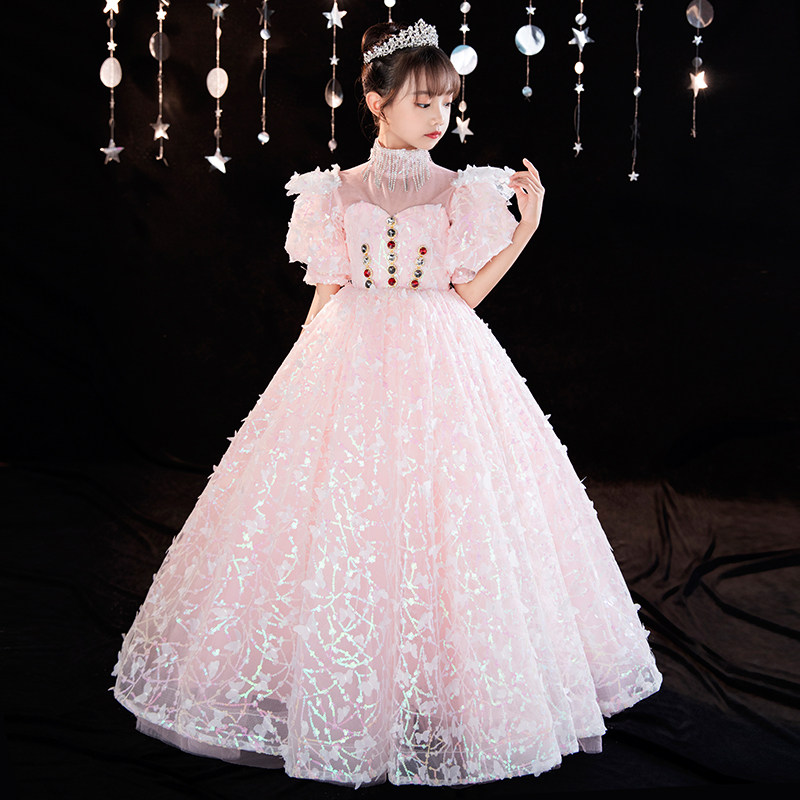 高端礼服女童洋气公主裙儿童粉色钢琴演奏晚礼服蓬蓬纱花童走秀秋