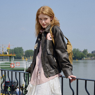 星山袋 外套秋冬棕色高级感美拉德潮流25秋冬 复古飞行员夹克皮衣