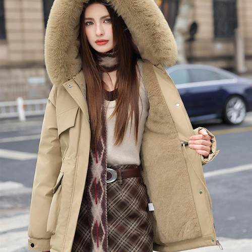 2025跨境欧美亚马逊外贸新款派克服收腰加绒毛领大口袋棉服女外套