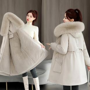 2025跨境外贸冬女中长款 大毛领棉袄外套连帽保暖棉衣厚 派克服新款