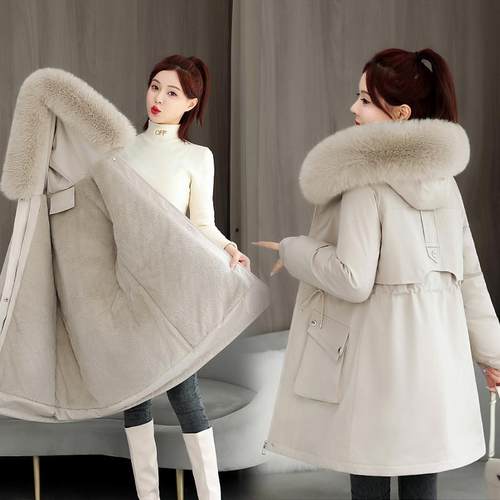 2025跨境外贸冬女中长款派克服新款大毛领棉袄外套连帽保暖棉衣厚